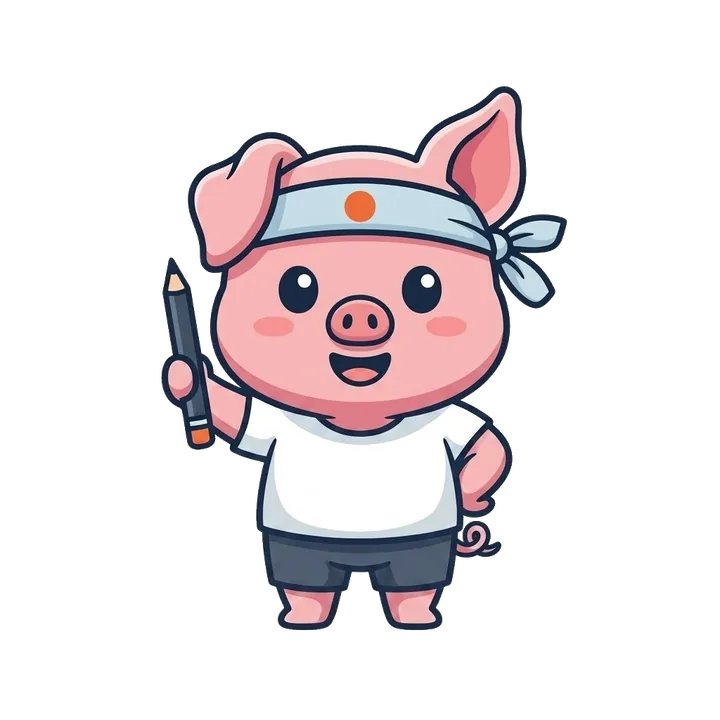 น้องหมูถือดินสอยืนข้างกระดาษคำตอบ